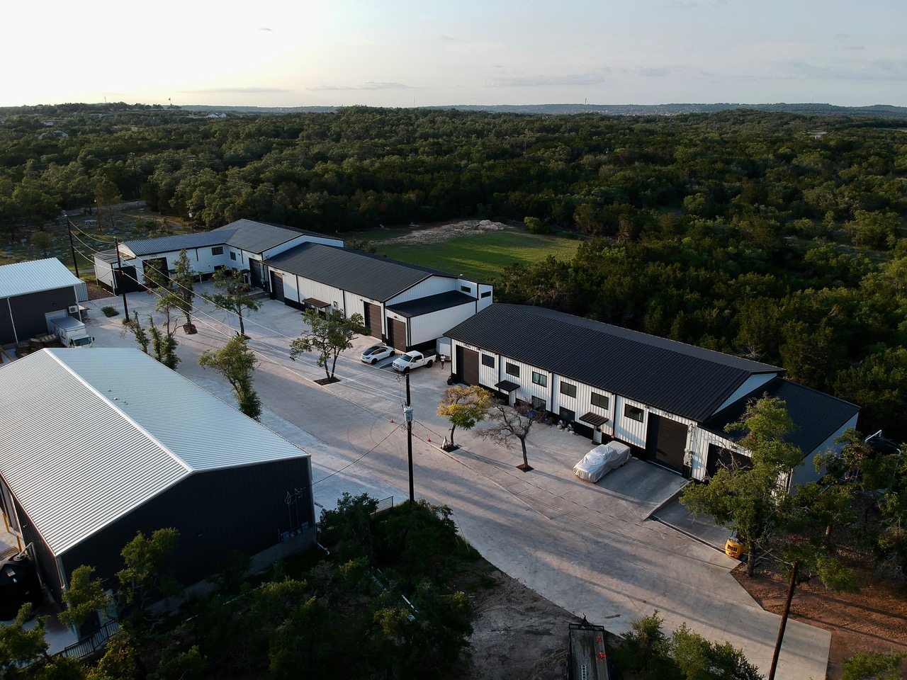 Aerial view of commercial buildings in the Texas Hill Country near Dripping Springs